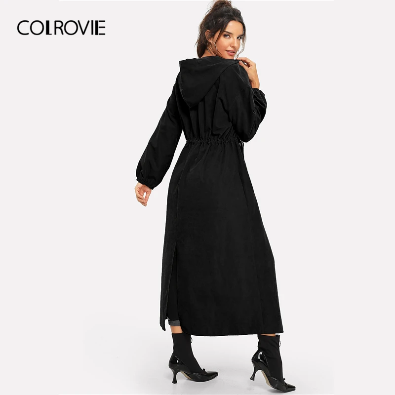 Женская длинная куртка с капюшоном COLROVIE черная однотонная разрезом на талии и