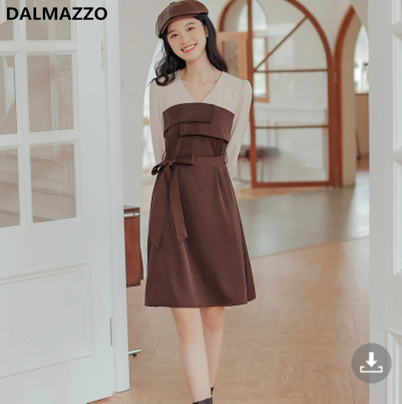 

DALMAZZO 2022 New Spring French Retro Small Fresh Patchwork Color Belt Knee Length Dress Women V Neck A Line Dresses Female