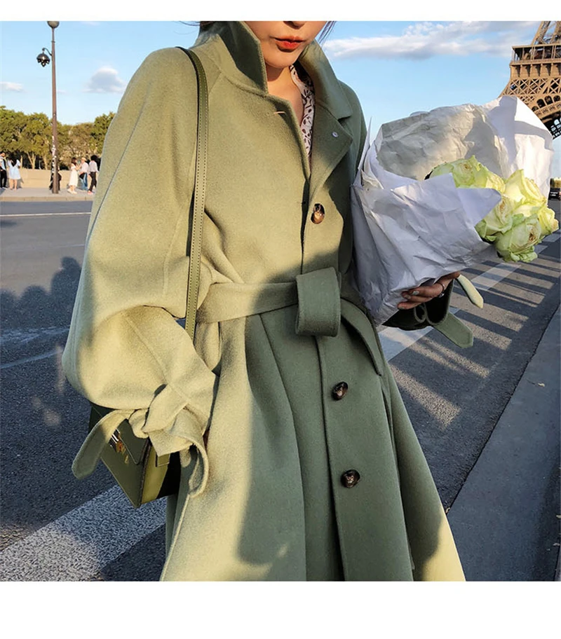 BGTEEVER Winter Thick Female Woolen Coats Turn-down Collar Single-breasted Pocket Belted Women Blend Coats Women Long Coat