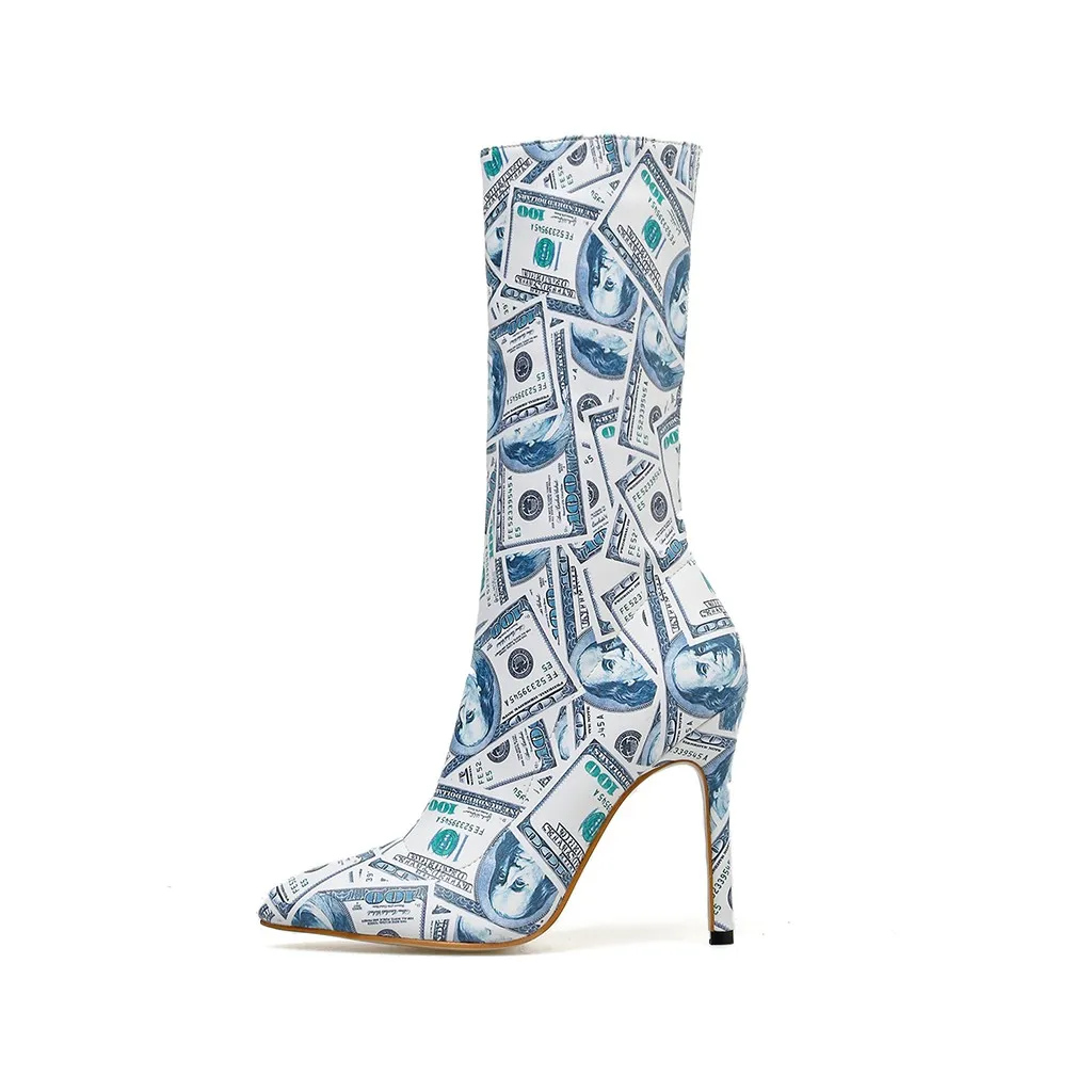 Г. Весенние модные женские ботинки с острым носком на каблуке с принтом денег пикантная обувь на высоком каблуке с принтом