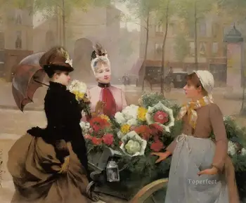

4 Hand Painted Art Paintings by College Teachers - Schryver Louis Marie de The Flower Seller Parisienne - Oil Painting on Canvas