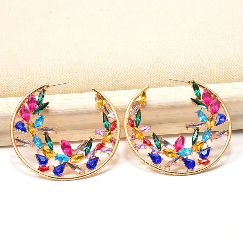 Винтажные круглые Разноцветные кристаллы висячие серьги металлические выдолбленные Pendientes ювелирные изделия Аксессуары для женщин Рождество