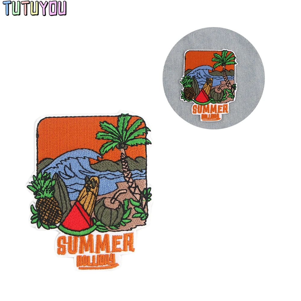

PC2366 Summer Coconut Tree Waves Stripe Applique Patch Iron On Embriodered Patches For Clothing Badge Stickers