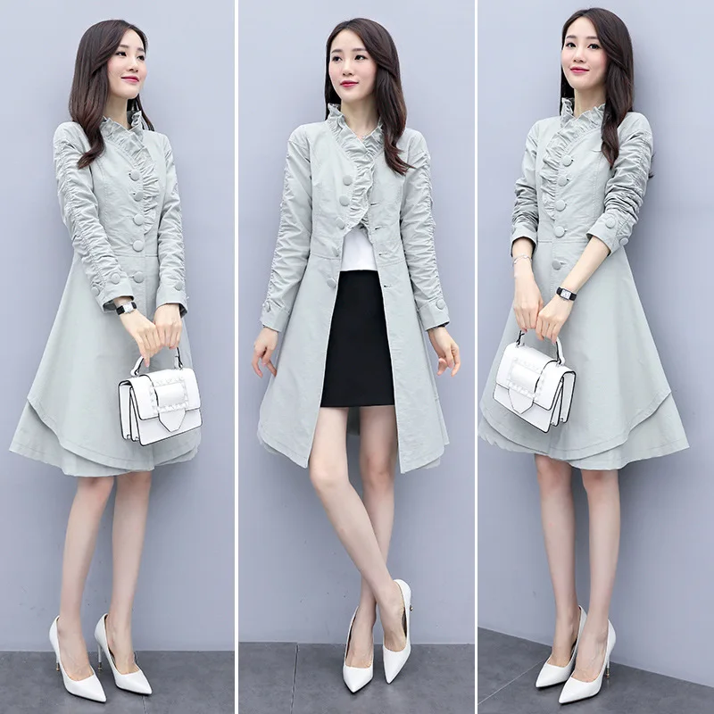 

New Style Korean-style CHIC Versitile Fashion Lace Collar Single Breasted Loose-Fit Explicit Thin Long Trench Coat Women's