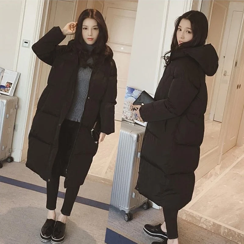 Зимнее пальто для женщин в Корейском стиле, модное однобортное длинное хлопковое пальто с капюшоном, Женская Повседневная утепленная парка, большие размеры, R61