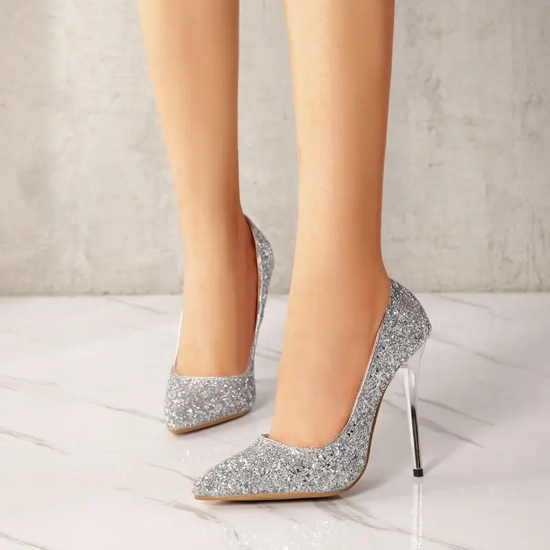 Aneikeh/ г. Модные пикантные тканевые туфли с блестками женские туфли на высоком тонком каблуке Туфли-лодочки с острым носком однотонная обувь для вечеринок без застежки размер 42