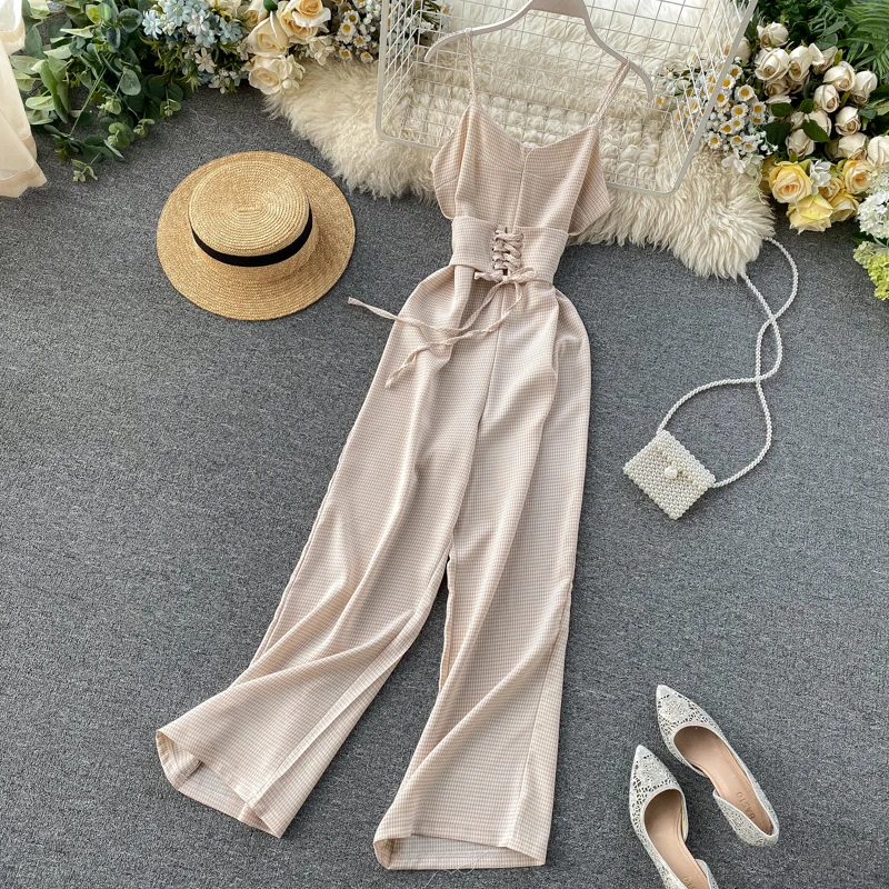 Vintage 2020 Sexy Plaid Print V Neck Jumpsuit Spaghetti Strap Summer Full Length Women Slim Waist Tie Playsuit Lace Up Romper Vintage 2020 Sexy Plaid Print V Neck Jumpsuit Spaghetti Strap Summer Full Length Women Slim Waist Tie Playsuit Lace Up Romper
