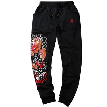 

Chinese style social dragon embroidered pants men's autumn slim pants day series close leg Leggings sports leisure