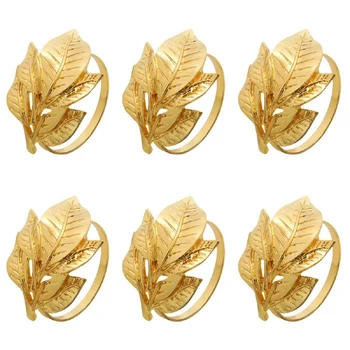

6Pcs Alloy Napkin Ring Exquisite Napkin Buckle Holder Table Decoration Golden Leaf Napkin Rings for Dinner Party Wedding