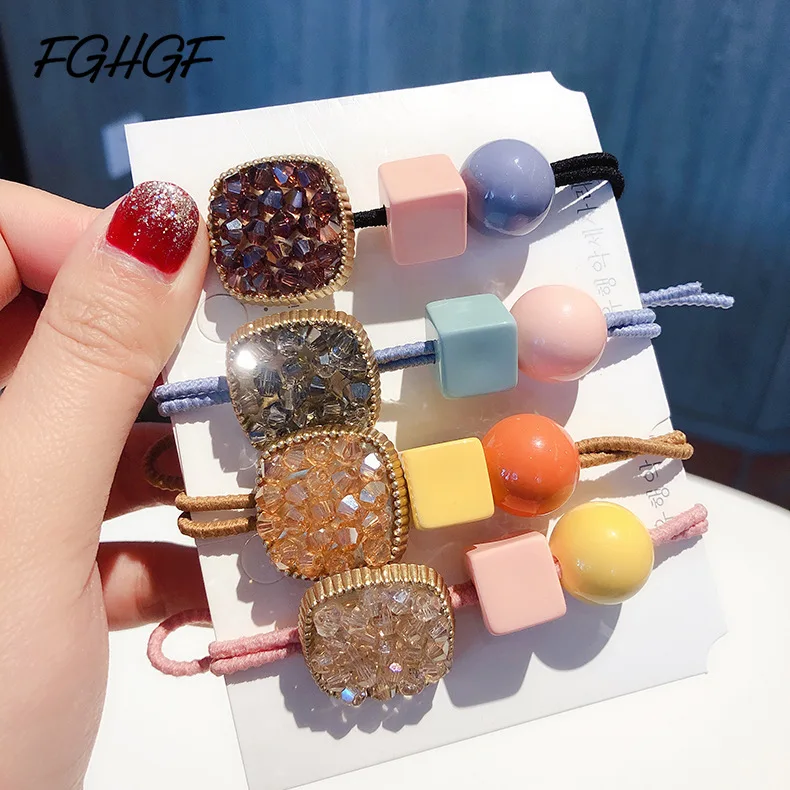 

FGHGF Fashion Hot Fancy Crystal Rubber Band Ins Print Charm Bead Disc Paved Crystals Hair Band For Women Korean Hair Rope Girl