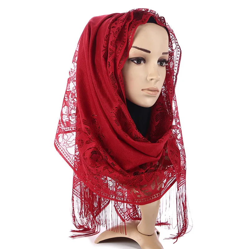 60*170 см женский кружевной шарф с кисточками хиджаб однотонный шаль на голову мусульманские полые длинные Хиджабы шарфы/шарф