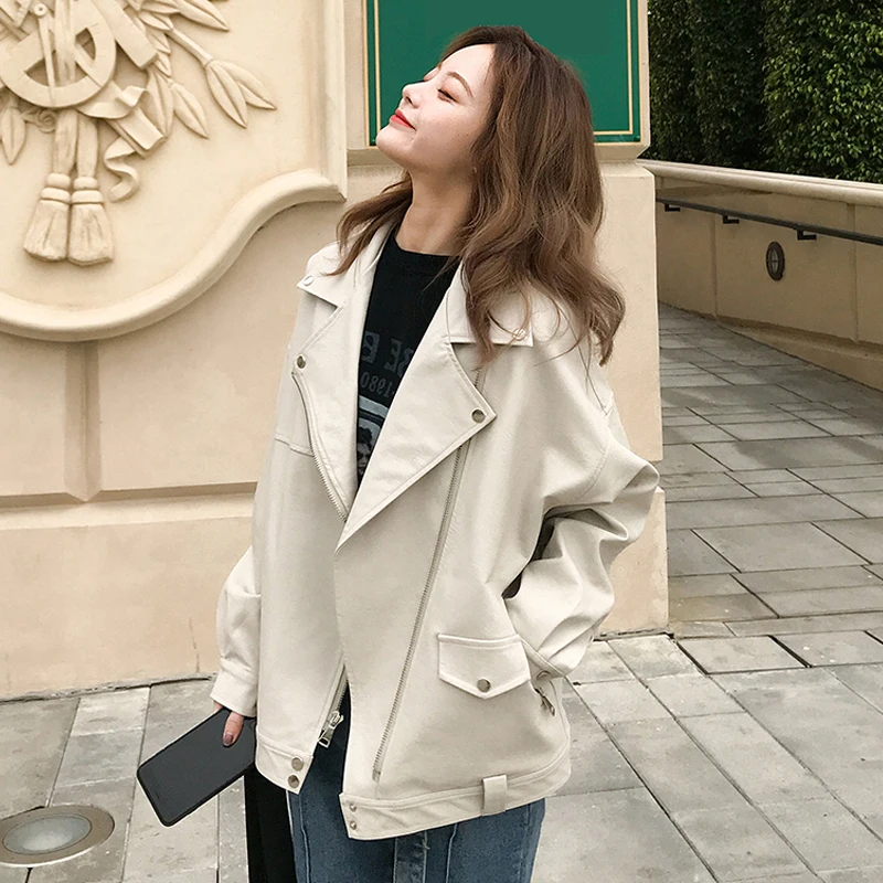 

Autumn Women Faux Soft Leather Loose Jacket PU Motorcycle Zipper Streetwear Overcoat Black Punk Female Casual Outerwear