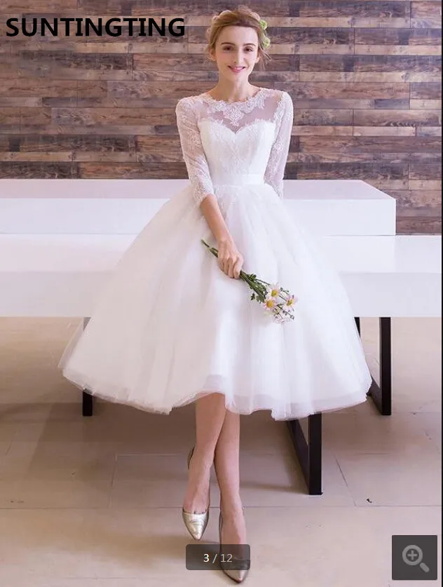 

2020 Robe de mariage Lace Short Beach Bridal Gowns 3/4 sleeve scoop neck petite girls knee length bridal gowns hot sale bride