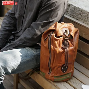 

Handmade retro leather men's handbag large-capacity shoulder bag Messenger bag vegetable tanned leather leisure bucket bags