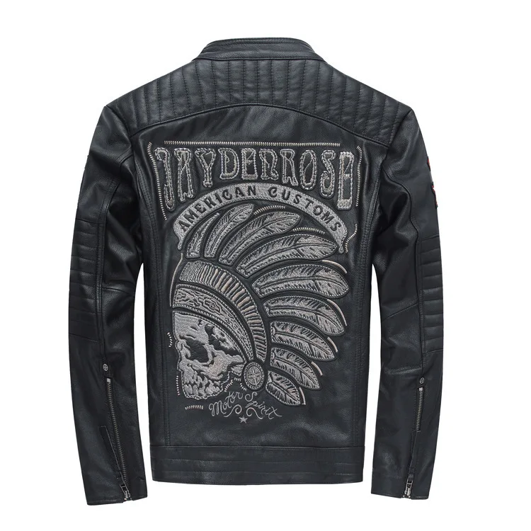 2020 для мужчин из натуральной кожи мотоциклетная куртка черепа с вышивкой черные