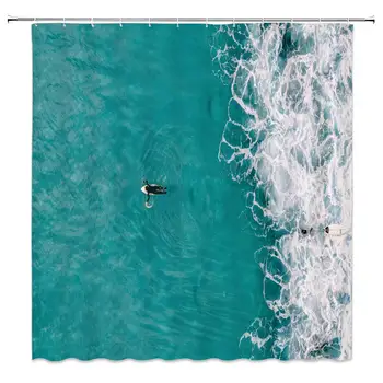 

Surf Shower Curtain Decor Water Sports Surfer Hawaii Tropical Ocean Wave Teal White Coast Seascape Fabric Bath Curtains Bathroom