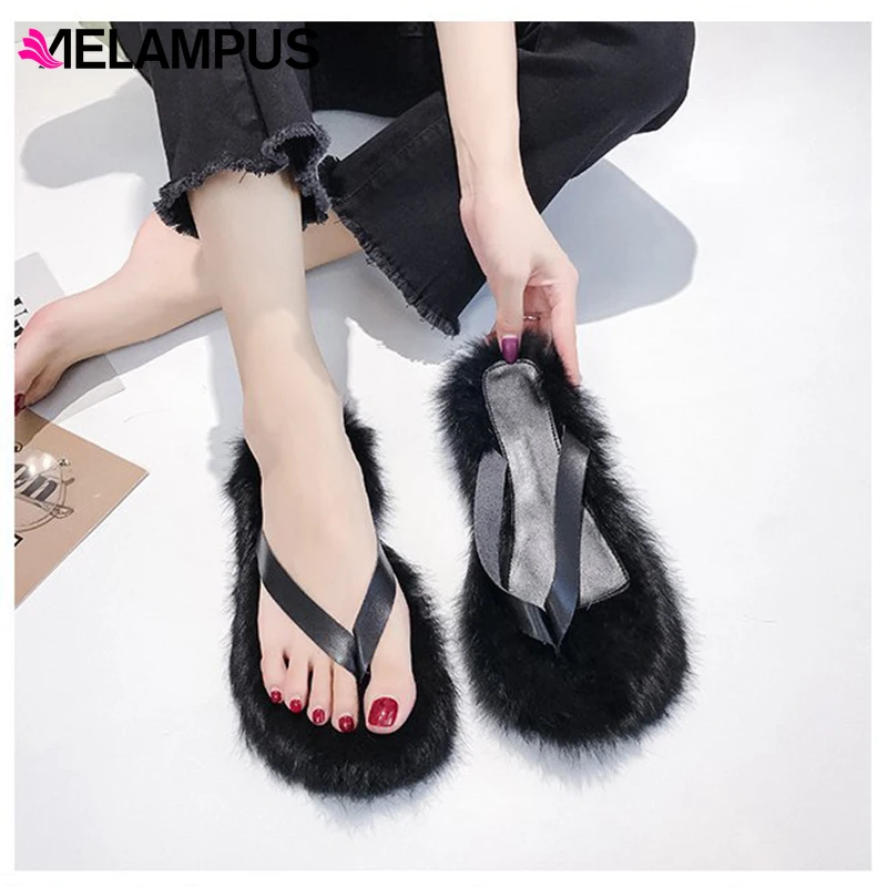 Модные тапочки их меха под кролика на плоской подошве; меховые тапочки; Zapatos De Mujer Ins; шлепанцы; женские Тапочки