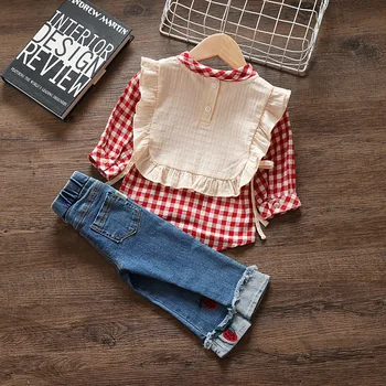 

Pliad Pattern Kids Tops Jeans Pants Krean Style Children Clothes Set Two Piece Suit For Kids Toddler Casual Clothing For Spring