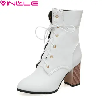 

VINLLE 2020 Fashion Women Ankle PU leather Round Toe Square High Heel Lace Up Casual Basic Fashion All Match Shoes Size 34-39