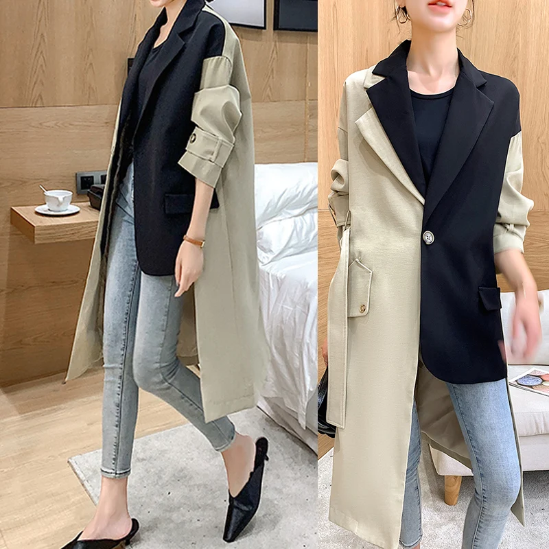

Autumn 2019 long suit patchwork color individuality casual Korean version of loose over the knee British style trench coat