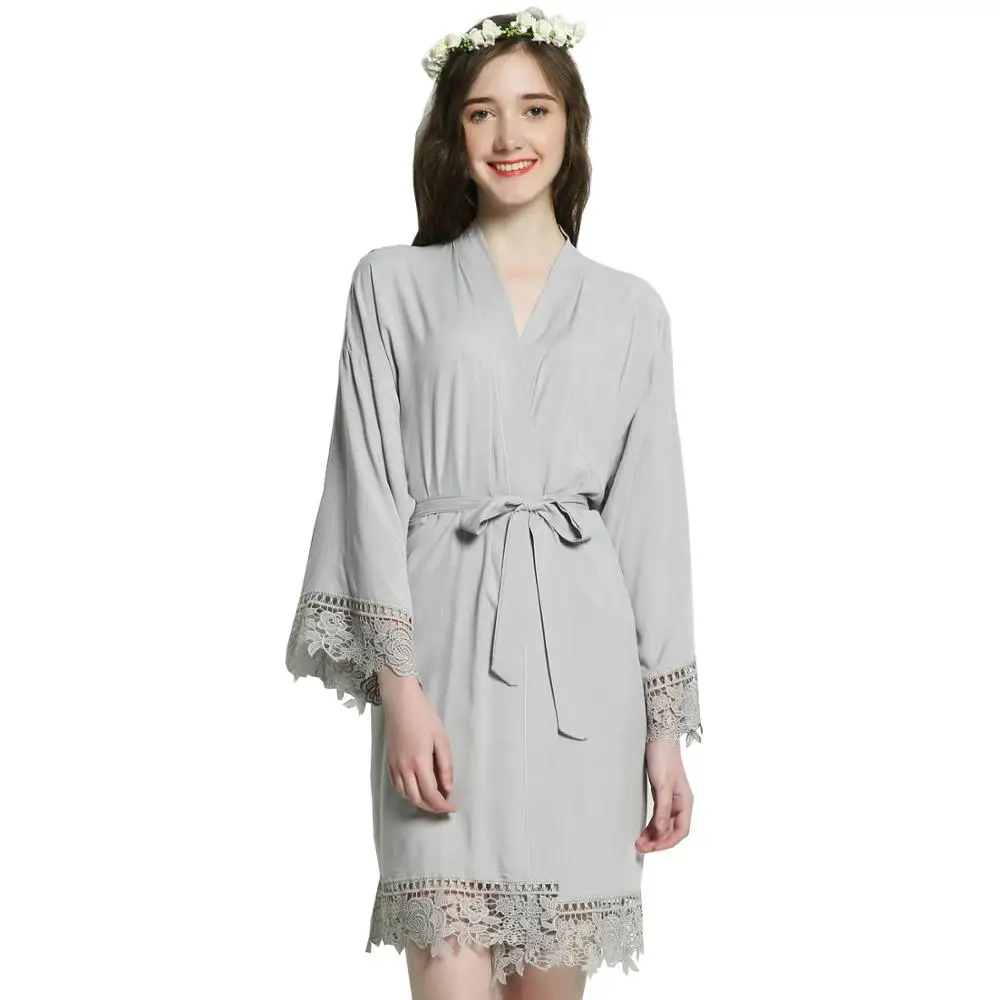 grey YUXINBRIDAL темно-зеленый искусственный шелк сплошной хлопок кимоно халаты с кружевной отделкой для женщин свадебный Халат короткий пояс Халат - Цвет: grey