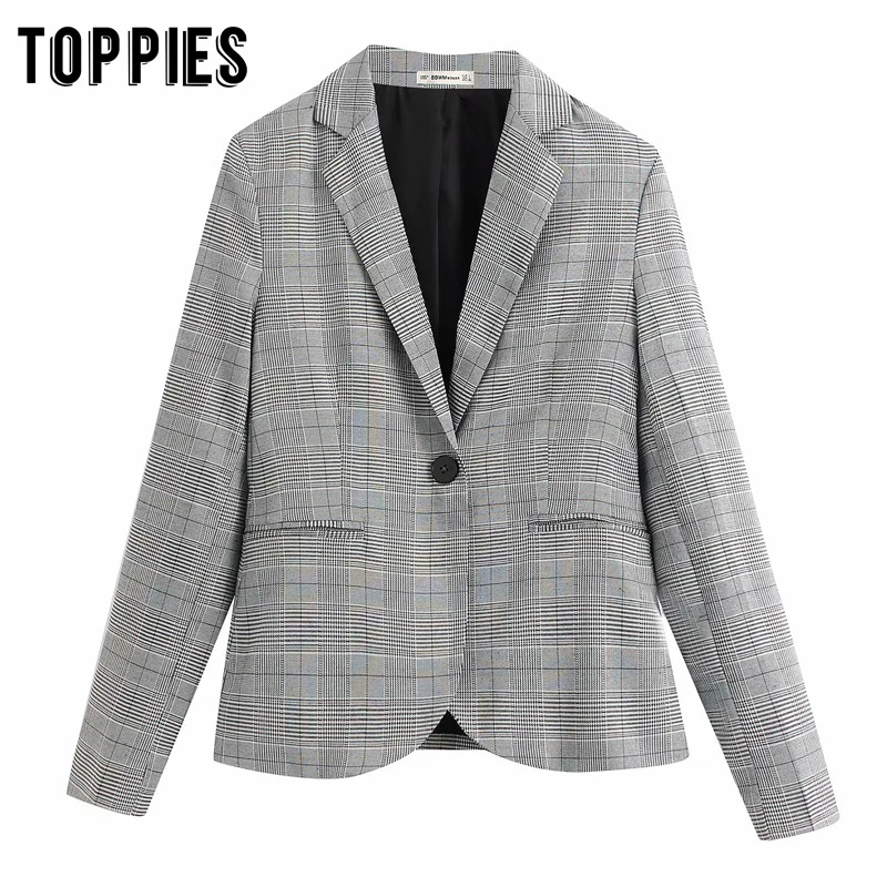 

2020 vintage Gray Lattice Suit jacket single button blazer women formal blazer women