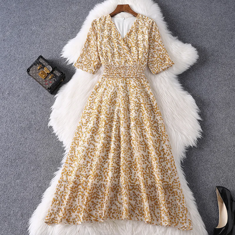 

2020 Summer Women's Clothing New Short Sleeve V-neck Chiffon Floral Dress Temperament Waist-Controlled A- line Short Skirt 89589