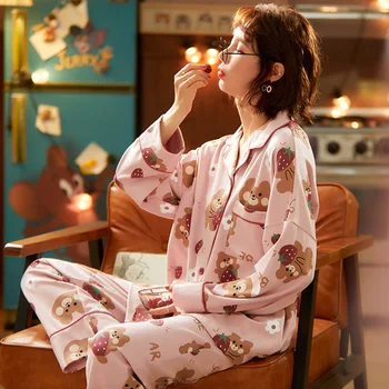 

Pajamas women autumn new cotton cardigan lapel Korean cute cartoon home service suit pigiama donna cotone pigamas women