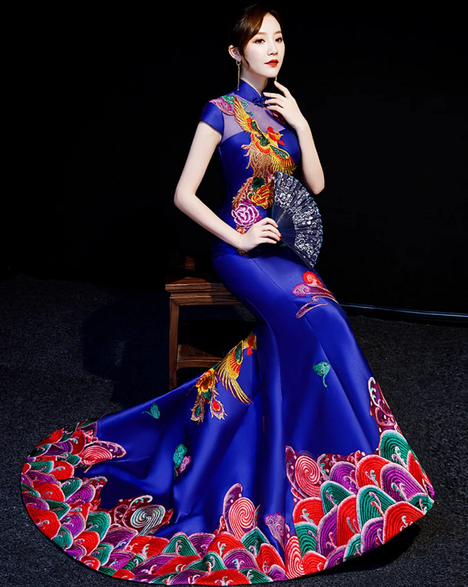 Синее китайское традиционное платье современный Ципао свадебное Cheongsam длинное вечернее платье вечерние сексуальные спинки vestido