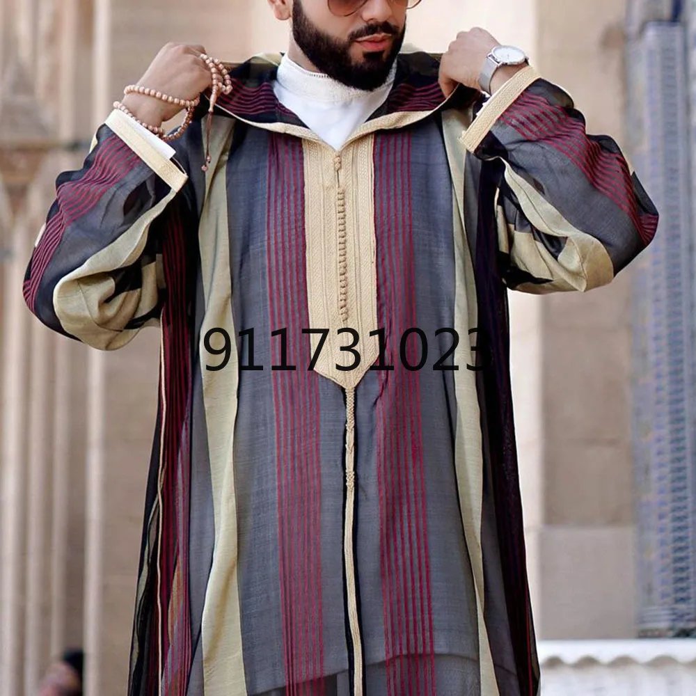 2021 New Muslim Striped Hooded Robe Men's Casual Long Shirt Loose T-shirt Large Size Traditional Dashiki Man's Clothes Oversized |