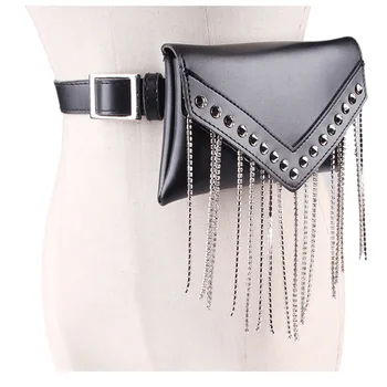 

PU leather crystal tassel Mini-bag with Pu Leather waist Belt Personality Women New Fashion Tide All-match