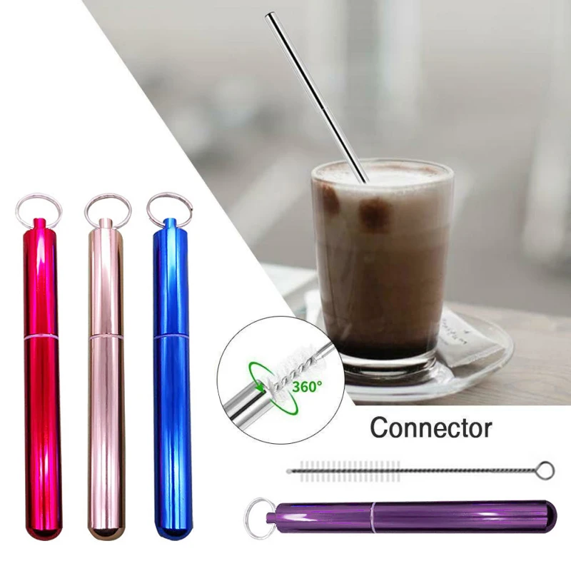

Metal Reusable Collapsible Foldable Straw with Case Keychain Stainless Steel Metallic Portable Telescopic Drinking Straw Brush