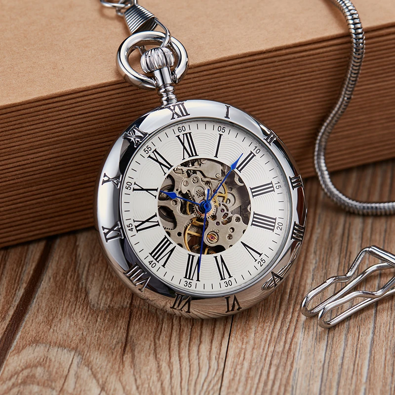 Copper Transparent Smooth Steampunk Vintage Mechanical Pocket Watch Necklace Skleleton Fob Watch Male Chain Watch Gift