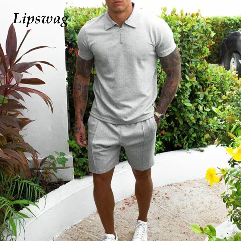 Summer Two Piece Set Men Casual Short Sleeve Zipper Lapel Tees & Drawstring Shorts Suits Outfit Mens 2021 Fashion Slim Tracksuit