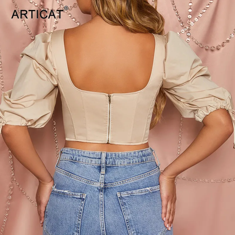 Articat, пышные рукава, на шнуровке, укороченные топы, женские, сексуальные, низкий воротник, открытая спина, молния, короткая рубашка, прозрачные топы, Женская Клубная одежда, наряды