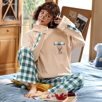 

2818 # Deer Pocket Emblem WL Pullover Long Sleeve Korean-style Sweet Pajamas Tracksuit Piece Series