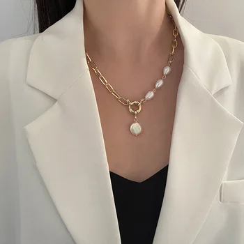 Layered Pearl Choker Colar Thick Chains Pendant