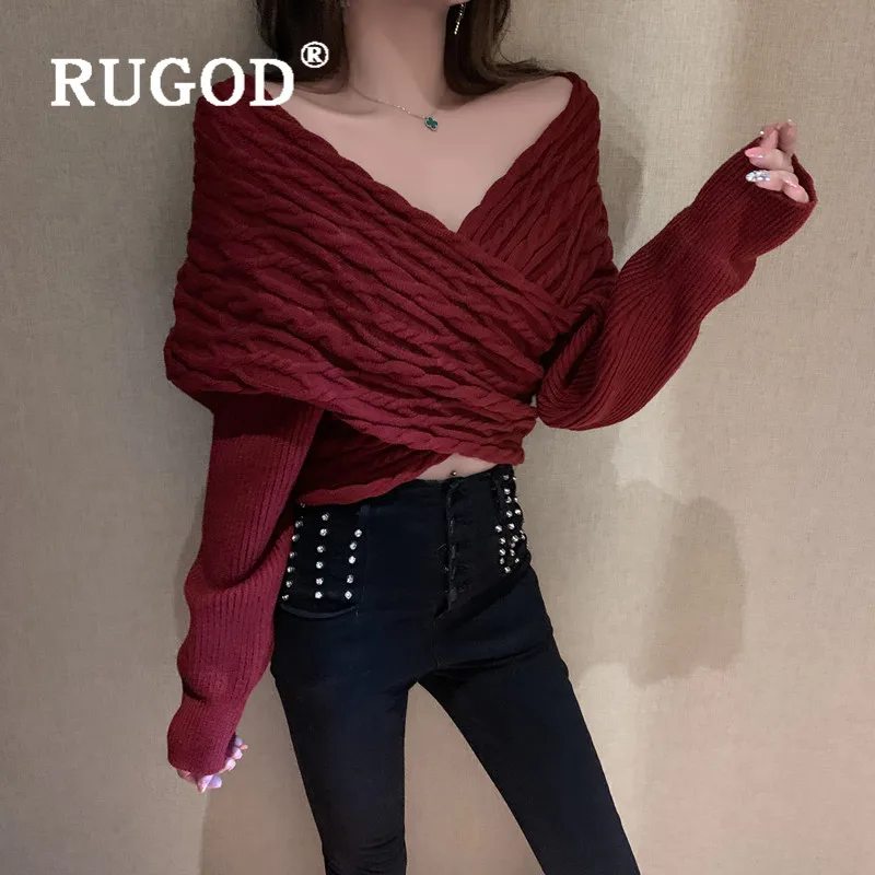 RUGOD с открытыми плечами винтажный твист узор вязаный укороченный свитер для женщин Зимняя одежда с v-образным вырезом элегантный крест пуловер Сбор талии