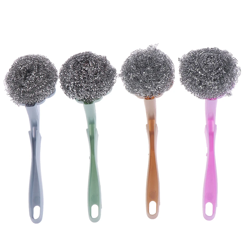 1pc Utility Stainless Steel Wire Ball Brush with Long Handle Cleaning Brush for Kitchen Hanging Strong household Cleaning Tools