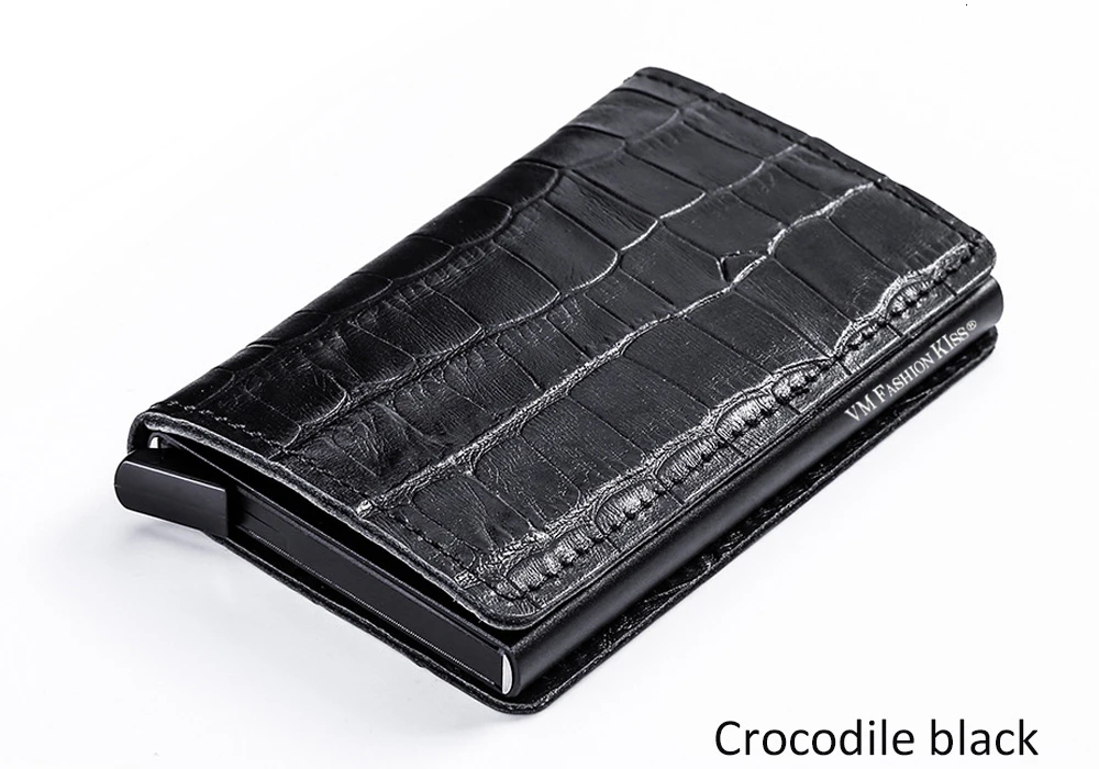 Crocodile black VM FASHION KISS RFID Genuine Leather Minimalist Wallet DIY Metal Aluminum Safe Purse Credit Id Business Card Holder Cardholder - Цвет: Crocodile black