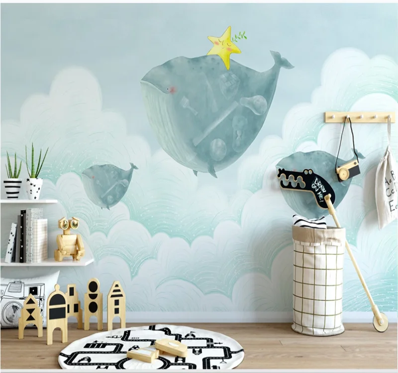 

Custom 3D wallpaper mural Nordic creative sky blank cloud whale background wall children's interior decoration painting