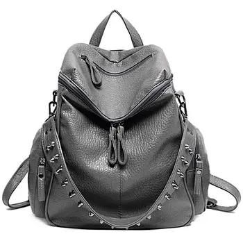 

Women Backpack Purse 3 ways PU Washed Leather Rivet Studded Ladies Rucksack Shoulder Bag(gray)