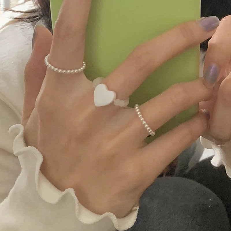 MENGJIQIAO Hot Sale Cute Elastic Beads Rings For Women Girls Elegant Heart Shell Mid