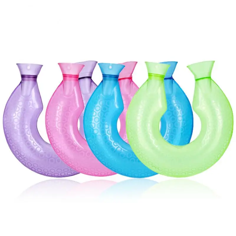 Calentador de cuello tipo U, bolsa de agua caliente, PVC, transparente, calmante, calmante, caliente, botella de agua caliente