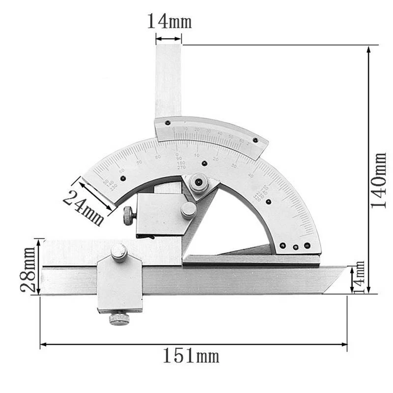 Realmote 0-320 Degree Sliver Universal Bevel Protractor Precision Angle Measuring Finder Ruler Tool Inner And Outer Parts
