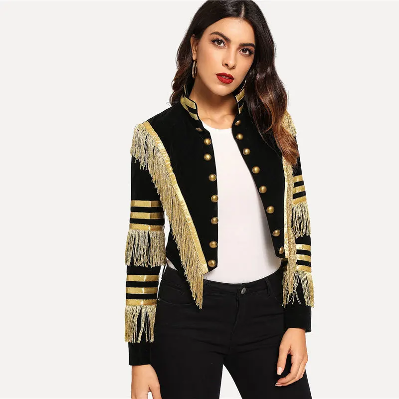 Gold Tassels Patchwork Autumn Cropped Coats and Jackets Women Long Sleeve Button Up Bomber Jacket Causal Glitter Slim Black Coat