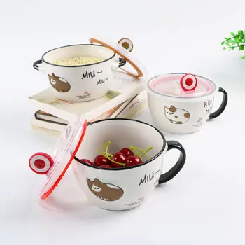 

Cute Cat Bowl Instant Noodle Bowl with Lid Dormitory Student Bowl Ceramic Easy To Clean Noodle Cup Eating Bowl Salad Bowl
