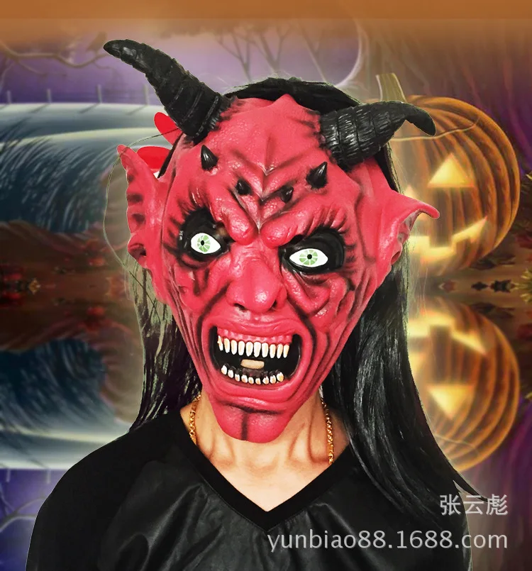 Длинные волосы красно-сталкиваются с цифрами и рожками на капюшоне; одежда маска Ужас Дьявол маска Хэллоуин страшные маски пуловер красных