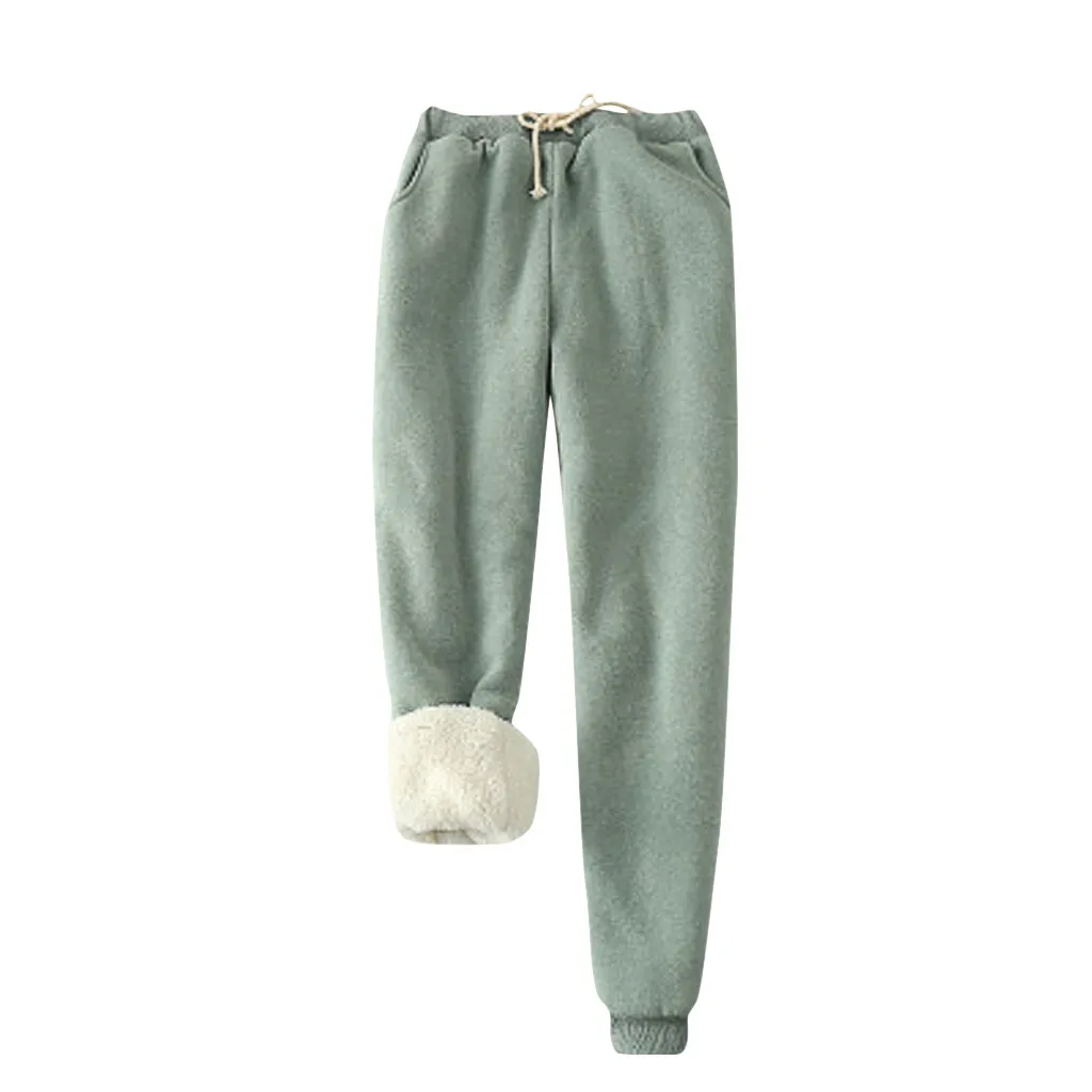 Women Winter Pants Thick Lambskin Cashmere Pants Warm Female Casual Loose Harlan Pants Drawstring Waist Long Trousers#T2G - Цвет: Green