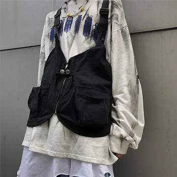 

New Chest Bag Men Functional Vest Korea Harajuku Street Style Large Capacity Crossbody Bag for Women Black Cotten Messenger Bag